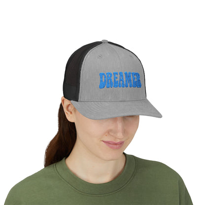 Dreamer Trucker Hat – Embroidered Minimalist Script Hat for Visionaries, Creatives, and Chill Daydreamers. Blue Letters