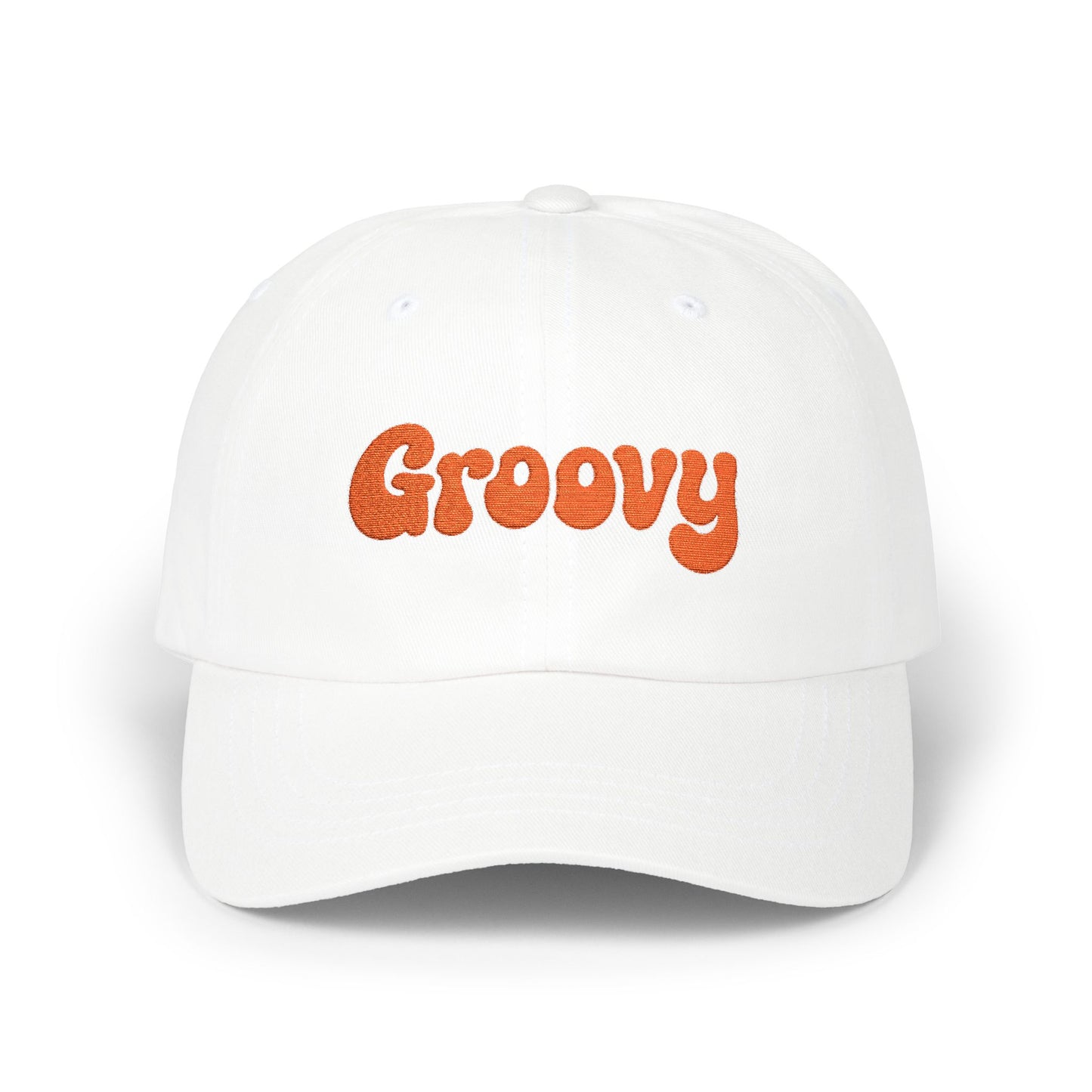 Groovy Classic Dad Hat – Retro Embroidered Hat with 70s Style Font for Funky Vibes, Chill Days, and Vintage Cool. Orange Letters
