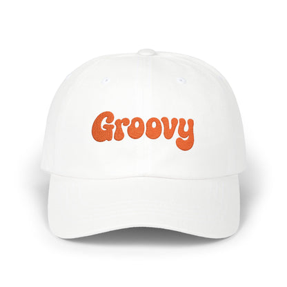 Groovy Classic Dad Hat – Retro Embroidered Hat with 70s Style Font for Funky Vibes, Chill Days, and Vintage Cool. Orange Letters