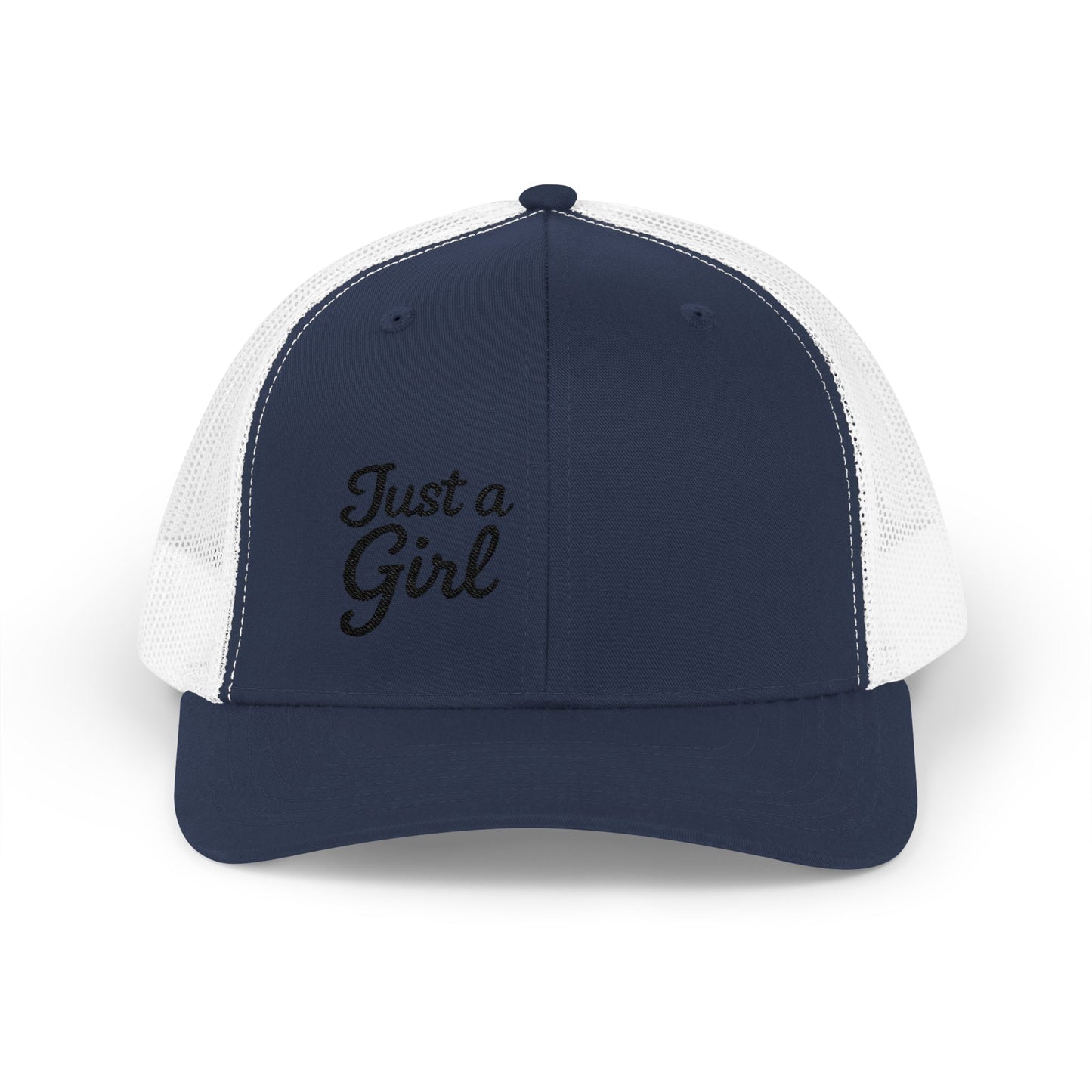 Just a Girl Trucker Hat – Minimalist Script Hat with Bold Feminine Energy and Classic Style. Black Letters