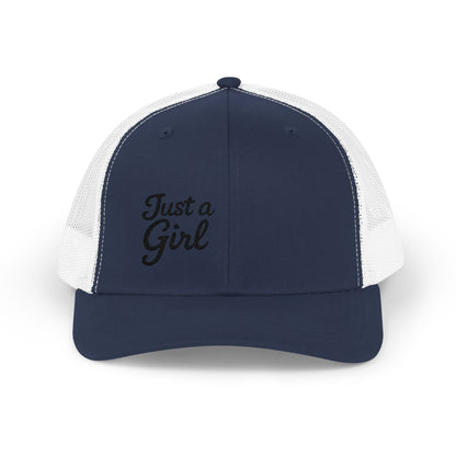 Just a Girl Trucker Hat – Minimalist Script Hat with Bold Feminine Energy and Classic Style. Black Letters