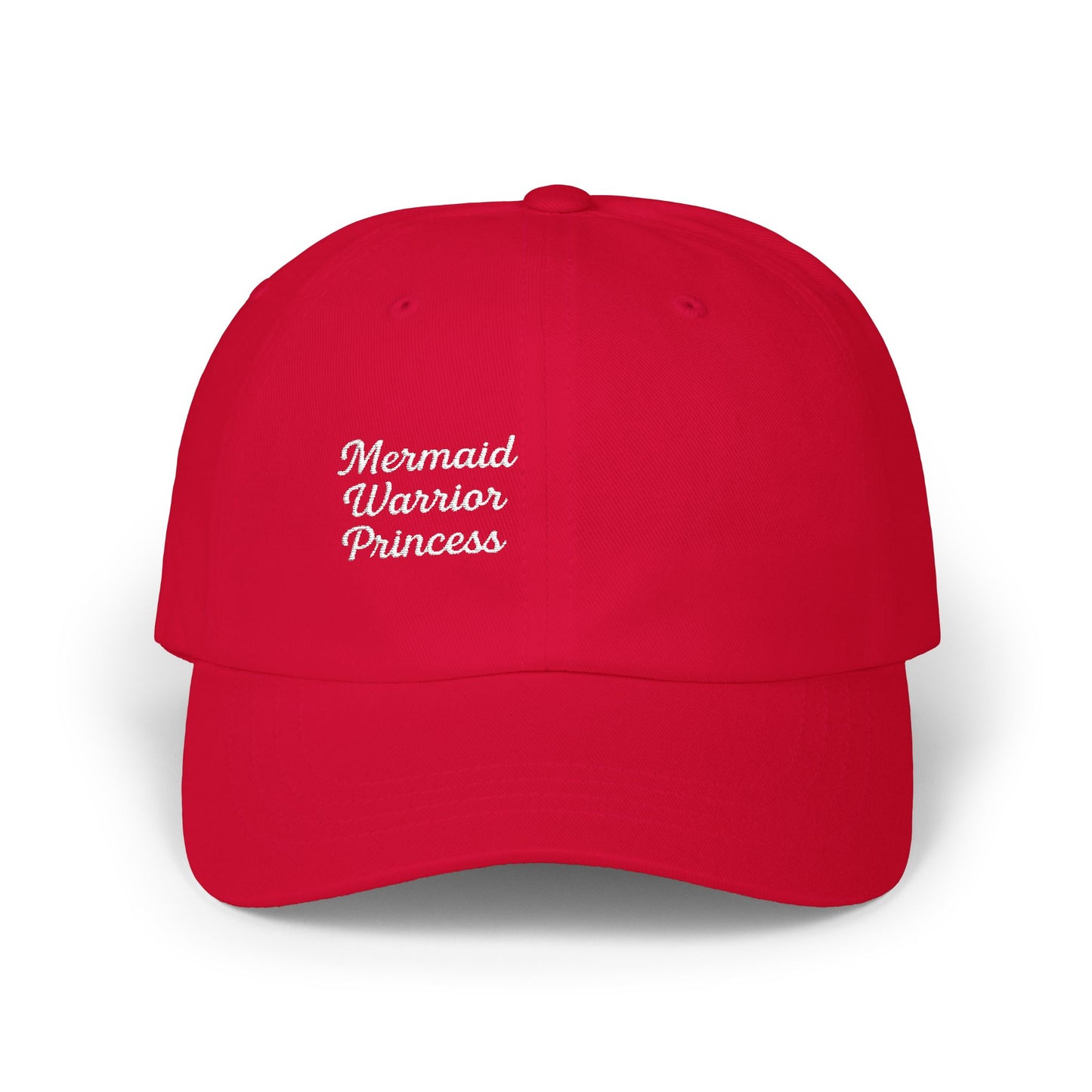 Mermaid Warrior Princess Embroidered Classic Dad Hat – Bold Text Hat for Ocean Queens, Fantasy Fans, and Fierce Beach Style, White Letters