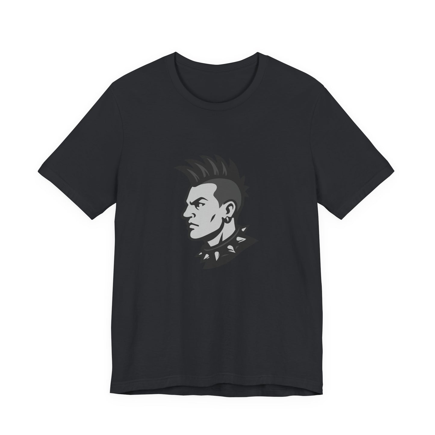 Punk Guy Graphic T-Shirt – Dark Theme Grayscale Mohawk Portrait on Black Tee with Attitude and Subtle Modern Ghost Effect. Unisex Jersey Short Sleeve Tee