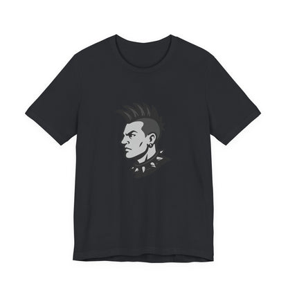 Punk Guy Graphic T-Shirt – Dark Theme Grayscale Mohawk Portrait on Black Tee with Attitude and Subtle Modern Ghost Effect. Unisex Jersey Short Sleeve Tee