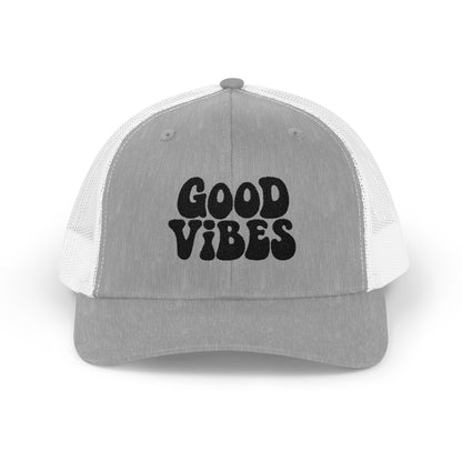 Good Vibes Trucker Hat – Embroidered Retro Text Hat for Positive Vibes, Chill Style, and Everyday Feel-Good Energy. Black Letters