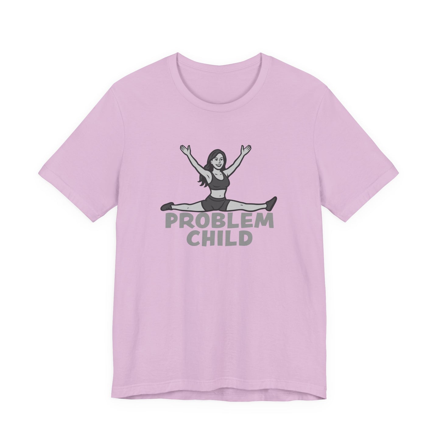 Problem Child Graphic Tee Cheerful Rebel Jump Pose in Bold Dark Theme Monochrome Style. Unisex Jersey Short Sleeve Tee