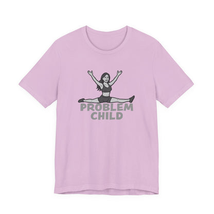 Problem Child Graphic Tee Cheerful Rebel Jump Pose in Bold Dark Theme Monochrome Style. Unisex Jersey Short Sleeve Tee