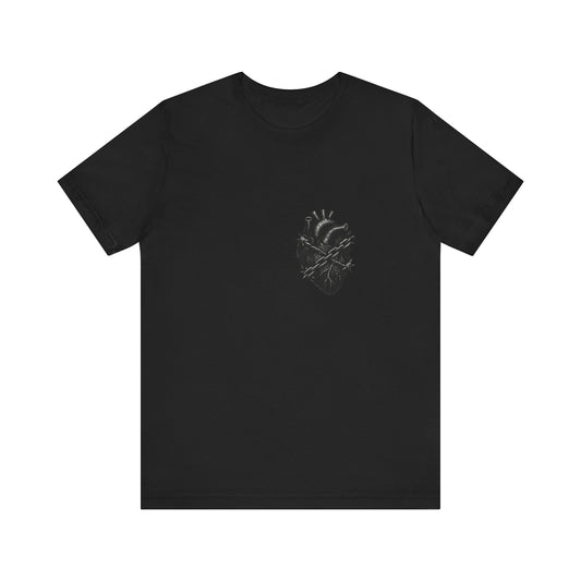 Heart in Chains Shirt – Dark Theme Anatomical Heart Wrapped in Barbed Wire and Commitment Issues. Unisex Jersey Short Sleeve Tee