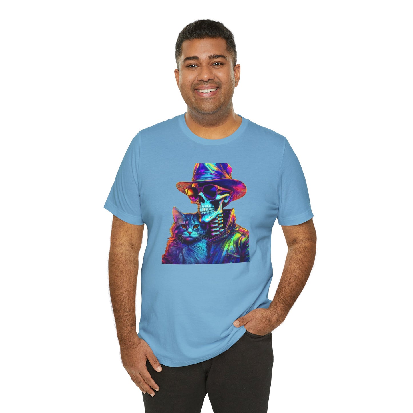 Cool Skeleton and Cat Halloween Shirt – Neon Retro Horror Graphic Tee for Spooky Style and Cat Lovers