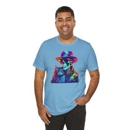 Cool Skeleton and Cat Halloween Shirt – Neon Retro Horror Graphic Tee for Spooky Style and Cat Lovers