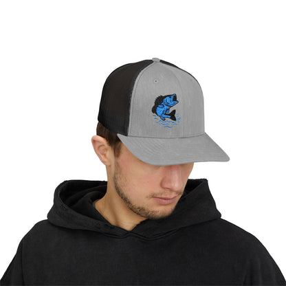 Jumping Fish Trucker Hat – Embroidered Blue Fishing Hat for Anglers, Lake Days, and Outdoor Style