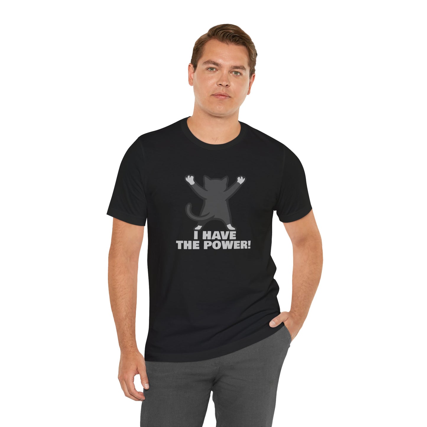 I Have the Power Cat Shirt – Hilarious Victory Pose in Dark Theme Feline Graphic Style. Unisex Jersey Short Sleeve Tee