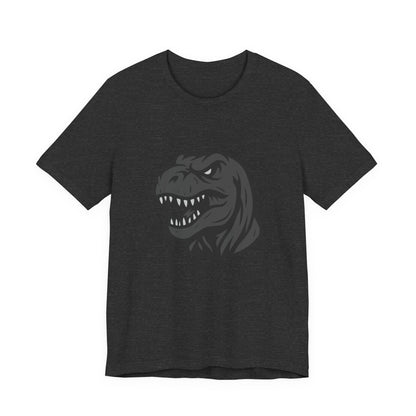 T-Rex Profile Graphic T-Shirt – Dark Theme Grayscale Dinosaur Head on Black Tee with Prehistoric Power and Modern Ghost Effect. Unisex Jersey Short Sleeve Tee