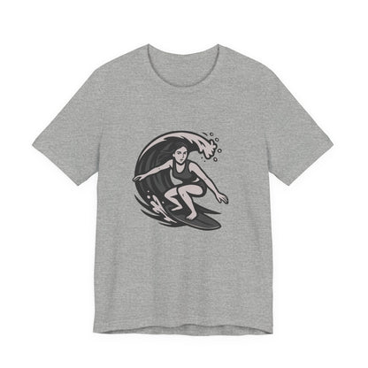 Surf Girl Graphic T-Shirt – Dark Theme Grayscale Female Surfer Riding Wave on Black Tee with Flow State Energy and Modern Ghost Effect. Unisex Jersey Short Sleeve Tee