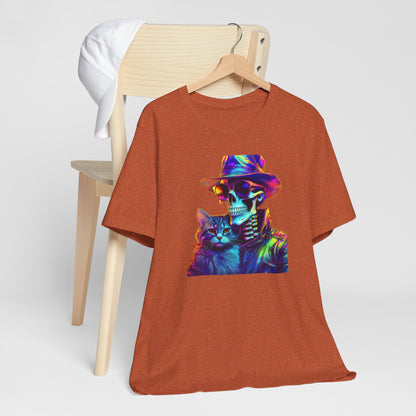 Cool Skeleton and Cat Halloween Shirt – Neon Retro Horror Graphic Tee for Spooky Style and Cat Lovers