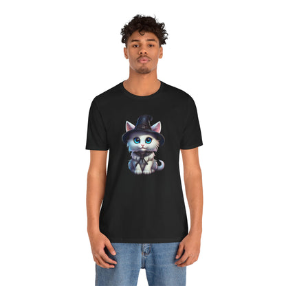 Adorable Witch Cat Halloween Shirt – Cute White Cat in Hat Graphic Tee for Cat Lovers and Halloween Fans