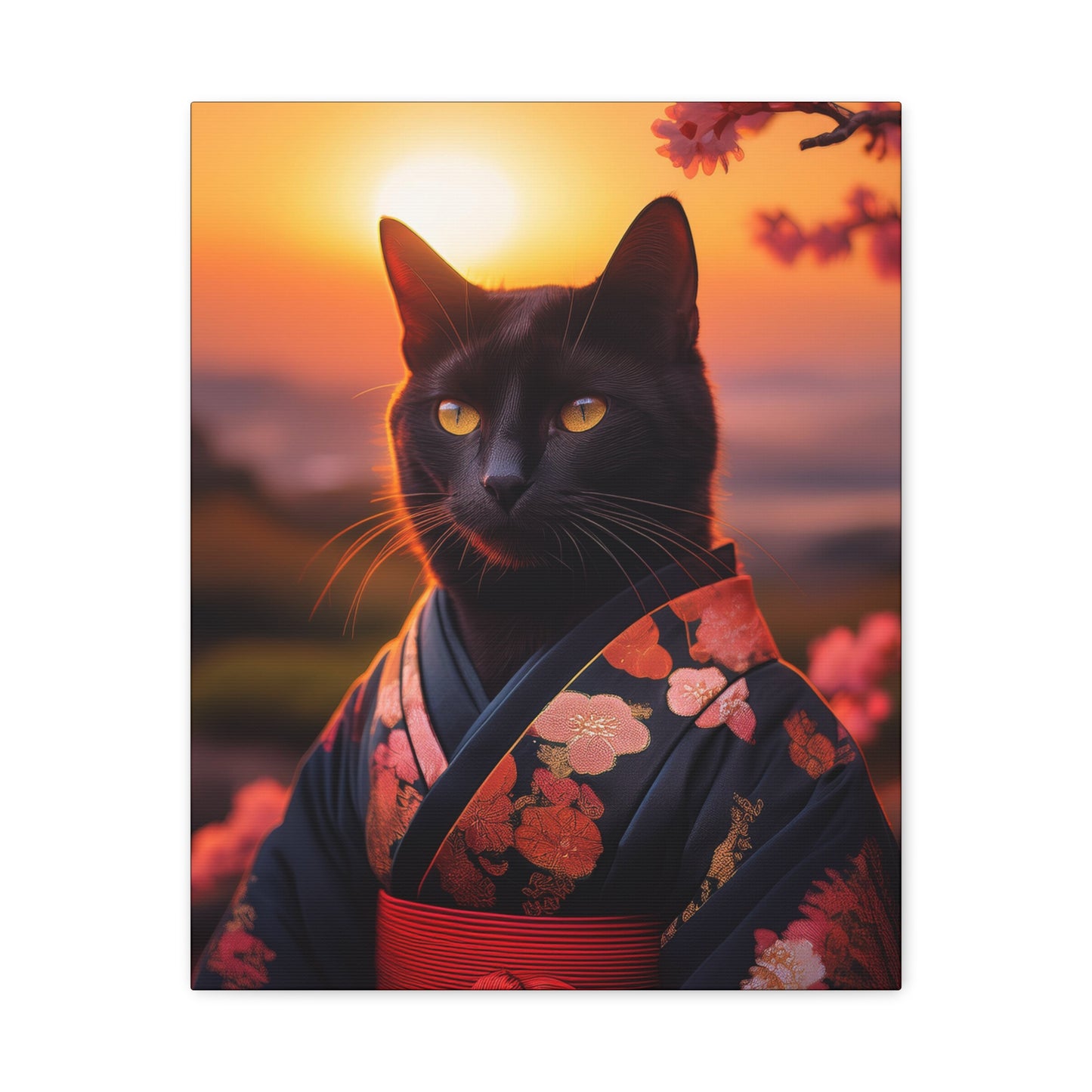 Zen Whiskers: Geisha Cat at Sunset Canvas Art | Stretched Matte Wall Decor 001