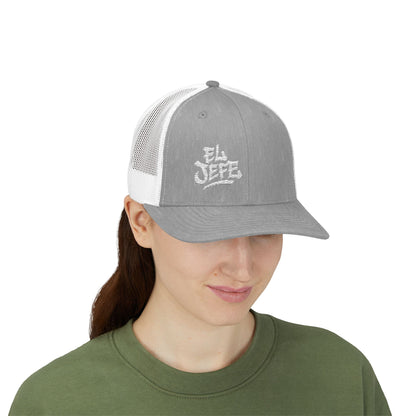 El Jefe Trucker Hat – Embroidered Bold Text Hat for Boss Energy, Leadership Style, and Latin Flair. White Letters