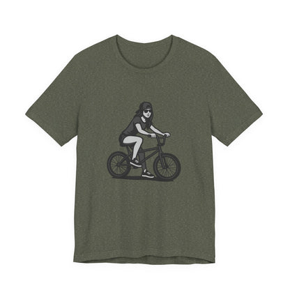 Cool Girl on Bike Graphic T-Shirt – Laid-Back Dark Theme Grayscale Rider Design on Black Tee with Street Style and Subtle Modern Ghost Effect. Unisex Jersey Short Sleeve Tee