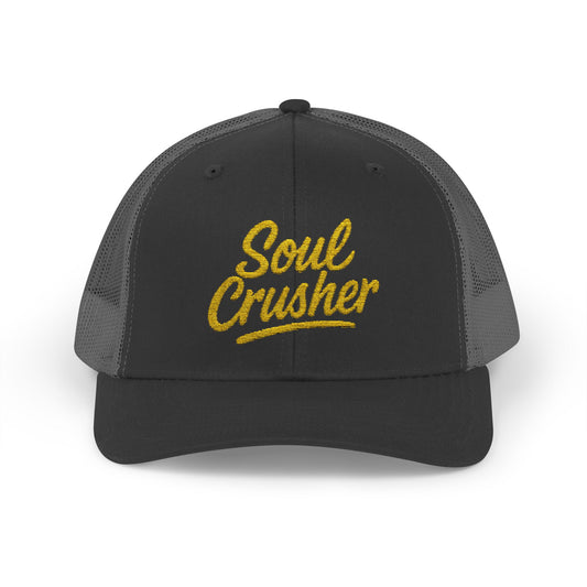 Soul Crusher Trucker Hat – Clean Script Hat with Bold Edge for Heartbreakers, Villains, and Power Moves. Yellow Letters