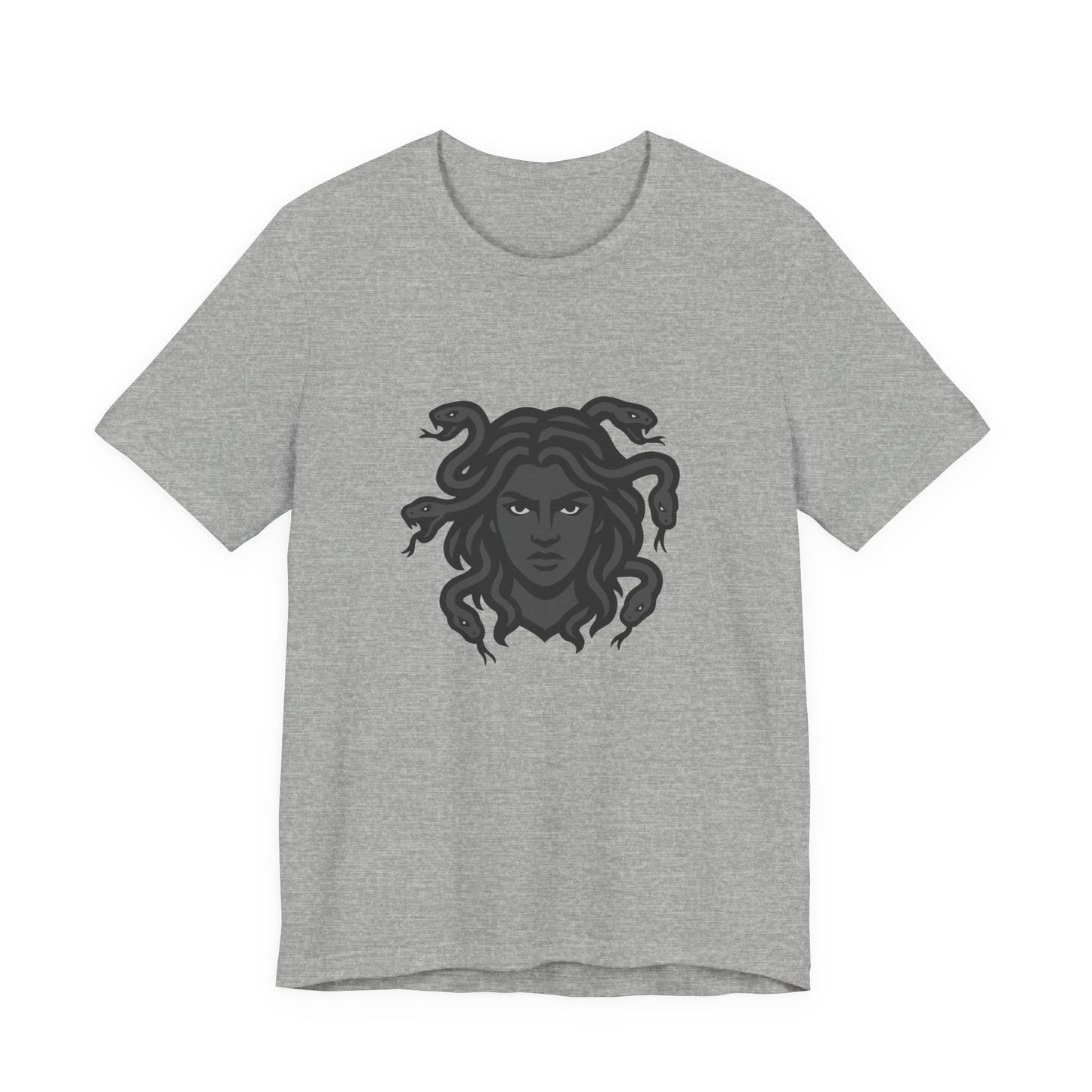 Medusa Graphic T-Shirt – Dark Theme Grayscale Snake-Haired Gorgon Design on Black Tee with Dark Myth Vibe and Modern Ghost Effect. Unisex Jersey Short Sleeve Tee