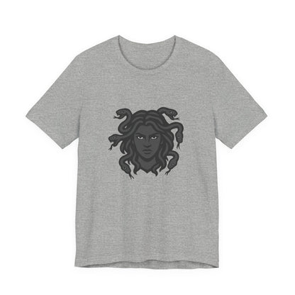 Medusa Graphic T-Shirt – Dark Theme Grayscale Snake-Haired Gorgon Design on Black Tee with Dark Myth Vibe and Modern Ghost Effect. Unisex Jersey Short Sleeve Tee