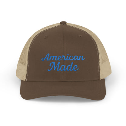 American Made Trucker Hat – Embroidered Patriotic Hat with Retro Script for USA Pride and Everyday Freedom. Blue Letters