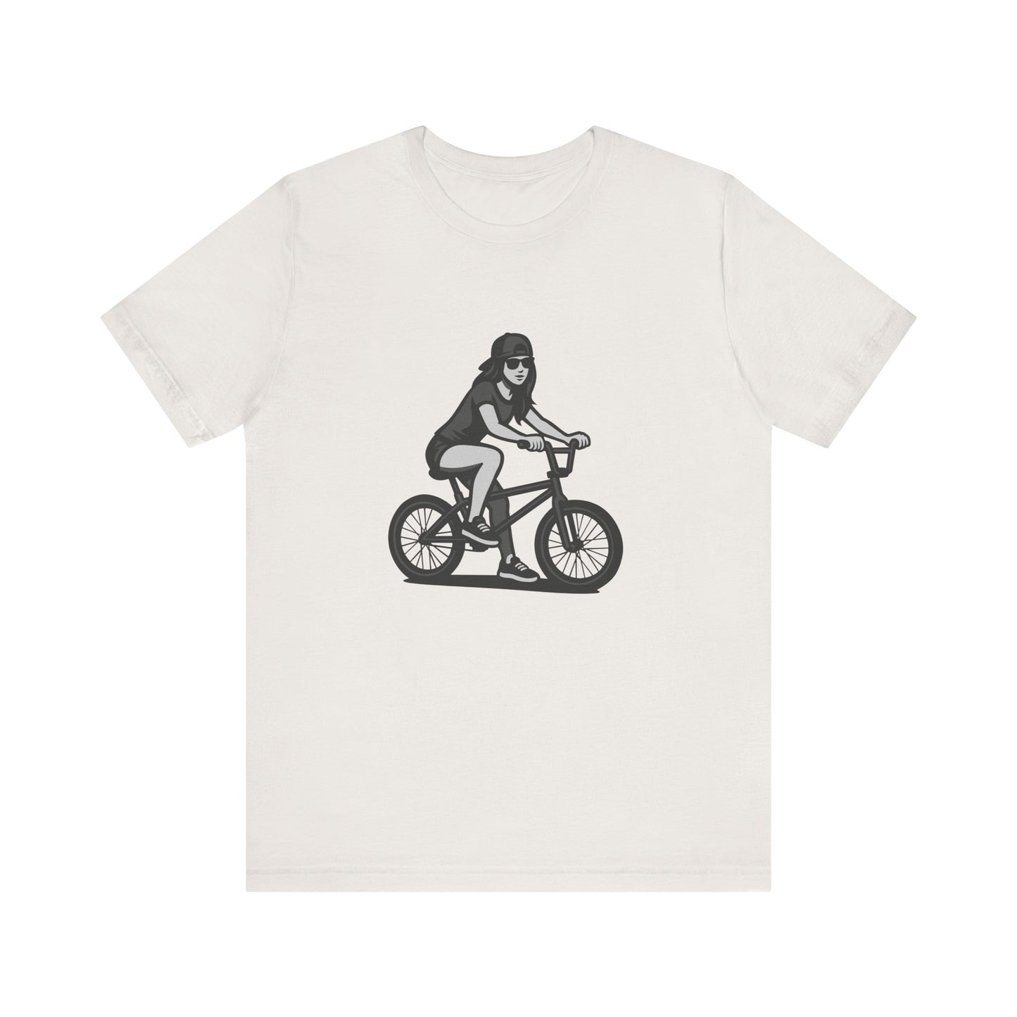 Cool Girl on Bike Graphic T-Shirt – Laid-Back Dark Theme Grayscale Rider Design on Black Tee with Street Style and Subtle Modern Ghost Effect. Unisex Jersey Short Sleeve Tee
