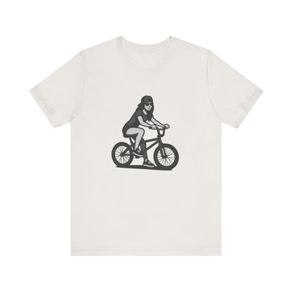 Cool Girl on Bike Graphic T-Shirt – Laid-Back Dark Theme Grayscale Rider Design on Black Tee with Street Style and Subtle Modern Ghost Effect. Unisex Jersey Short Sleeve Tee