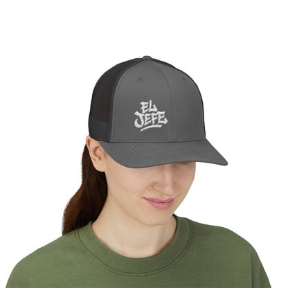 El Jefe Trucker Hat – Embroidered Bold Text Hat for Boss Energy, Leadership Style, and Latin Flair. White Letters