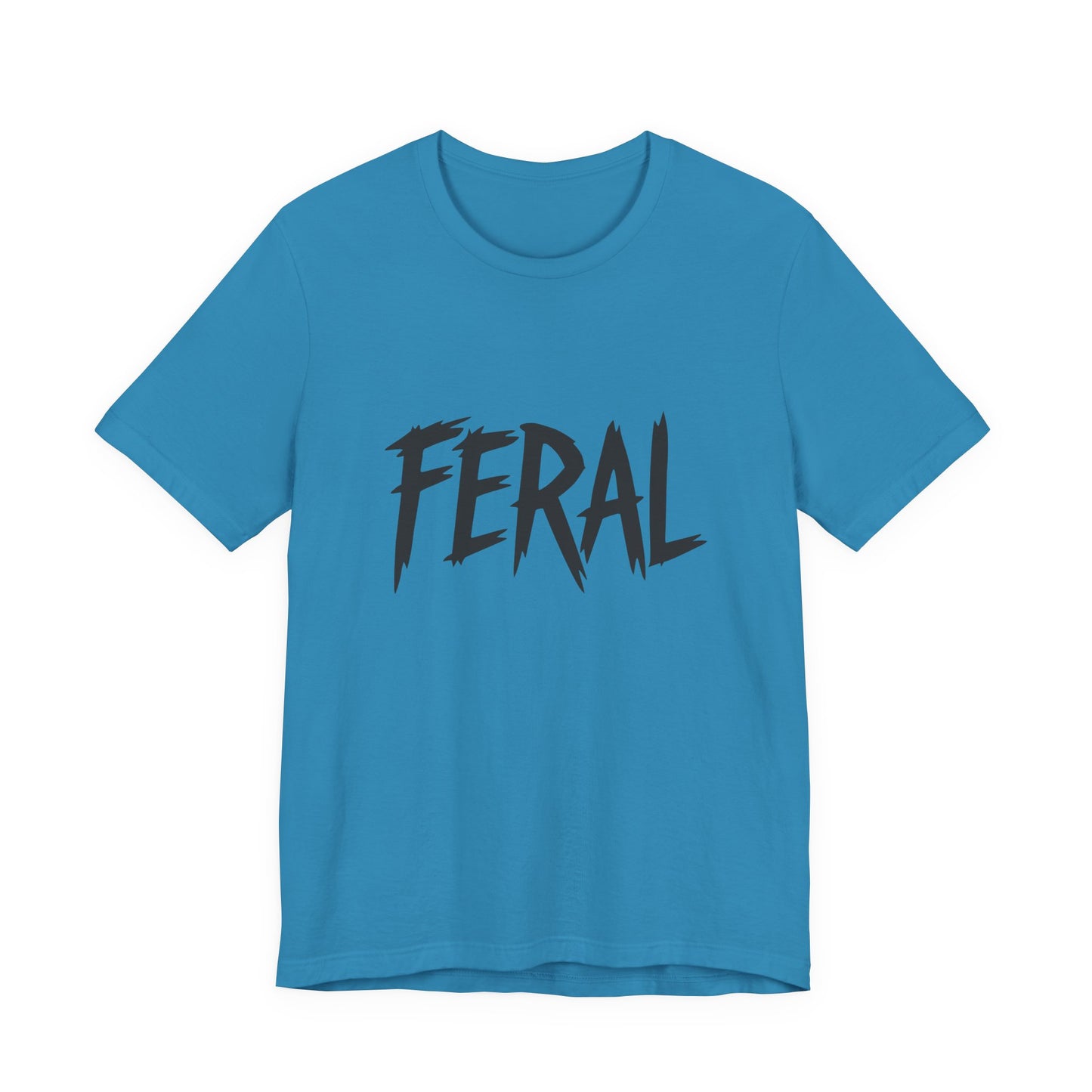 FERAL Text Graphic T-Shirt – Bold Dark Theme Lettering on Black Tee with Untamed Energy and Subtle Modern Ghost Effect. Unisex Jersey Short Sleeve Tee