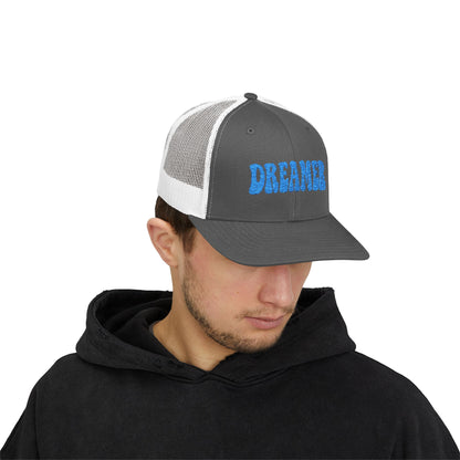 Dreamer Trucker Hat – Embroidered Minimalist Script Hat for Visionaries, Creatives, and Chill Daydreamers. Blue Letters