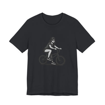 Cool Girl on Bike Graphic T-Shirt – Laid-Back Dark Theme Grayscale Rider Design on Black Tee with Street Style and Subtle Modern Ghost Effect. Unisex Jersey Short Sleeve Tee