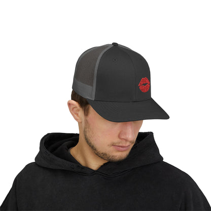 Red Lips Trucker Hat – Embroidered Pop Art Hat with Kiss Design