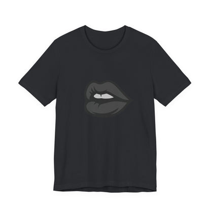 Dark Lips Graphic T-Shirt – Dark Theme Grayscale Biting Lip Design on Black Tee with Subtle Seduction and Modern Ghost Effect. Unisex Jersey Short Sleeve Tee