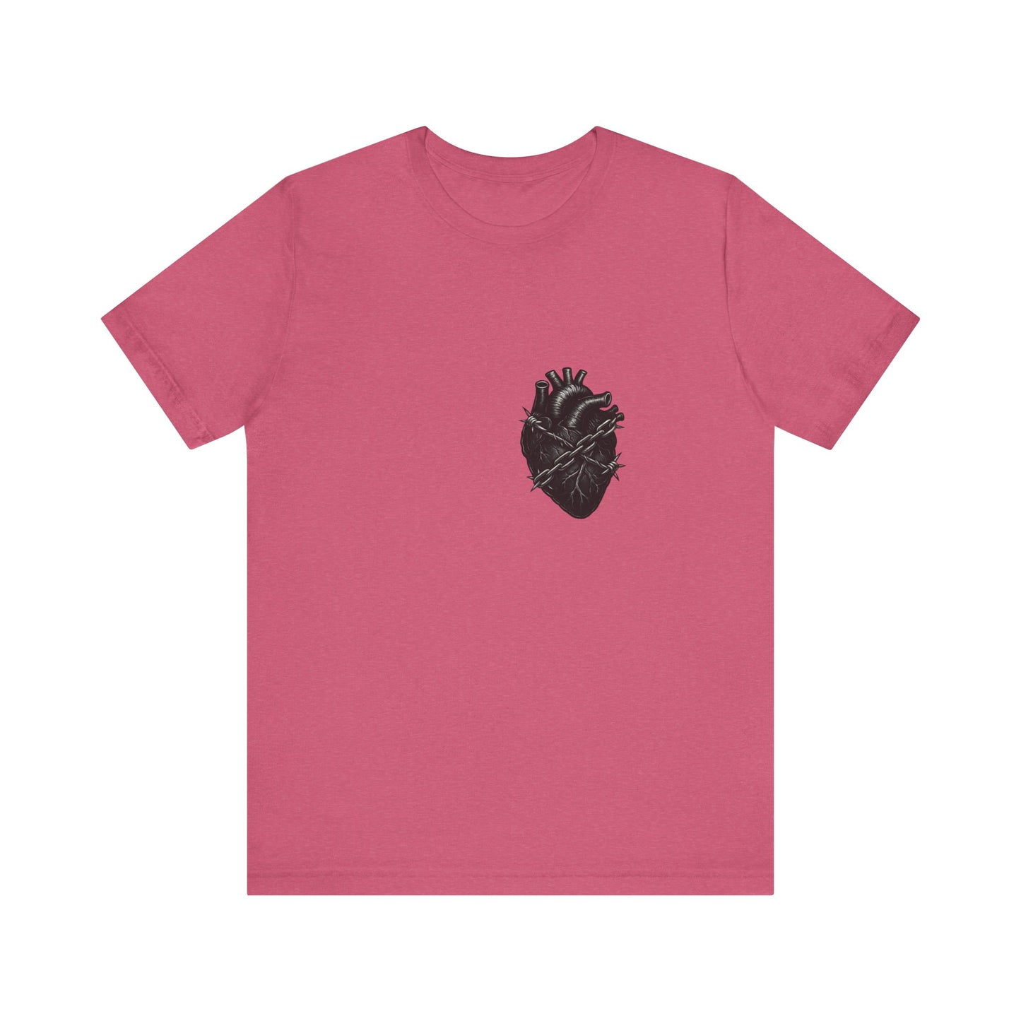 Heart in Chains Shirt – Dark Theme Anatomical Heart Wrapped in Barbed Wire and Commitment Issues. Unisex Jersey Short Sleeve Tee