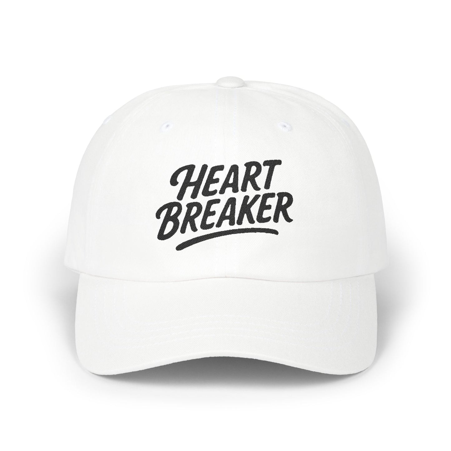 Heartbreaker Embroidered Classic Dad Hat – Bold Baseball Hat with Retro Script and Broken Heart Design for Confident Rule-Breakers. Black Letters