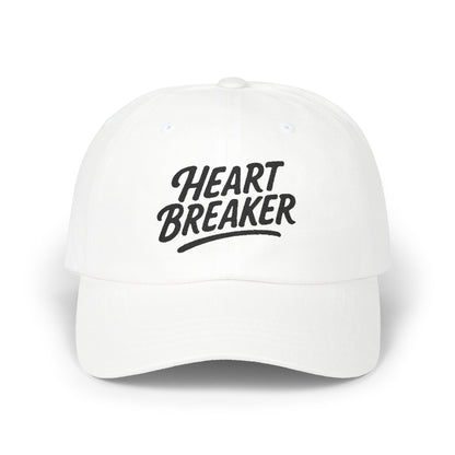 Heartbreaker Embroidered Classic Dad Hat – Bold Baseball Hat with Retro Script and Broken Heart Design for Confident Rule-Breakers. Black Letters