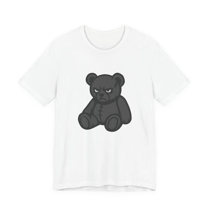 Angry Teddy Bear Graphic T-Shirt – Dark Theme Grayscale Plush with Attitude on Black Tee for Edgy or Ironic Style. Unisex Jersey Short Sleeve Tee