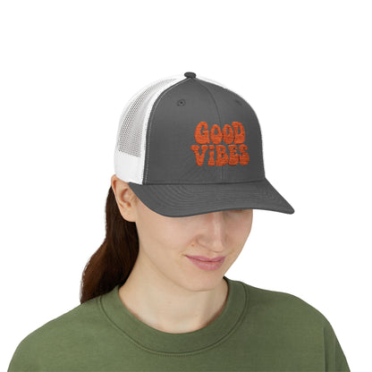 Good Vibes Trucker Hat – Embroidered Retro Text Hat for Positive Vibes, Chill Style, and Everyday Feel-Good Energy. Orange Letters