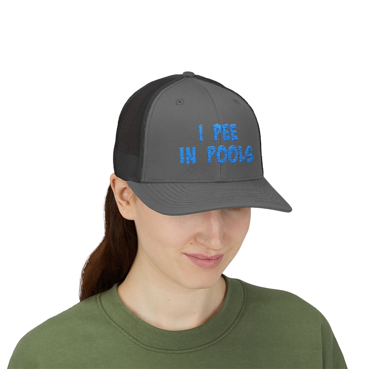 I Pee In Pools Trucker Hat – Funny Hat with Bold Blue Text for Lifeguard Terrors and Poolside Menaces