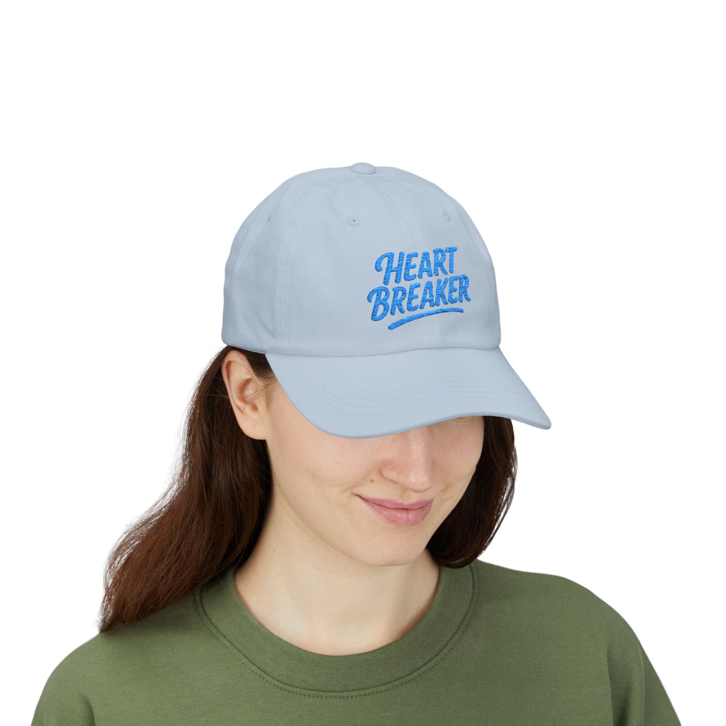Heartbreaker Embroidered Classic Dad Hat – Bold Baseball Hat with Retro Script and Broken Heart Design for Confident Rule-Breakers. Blue Letters