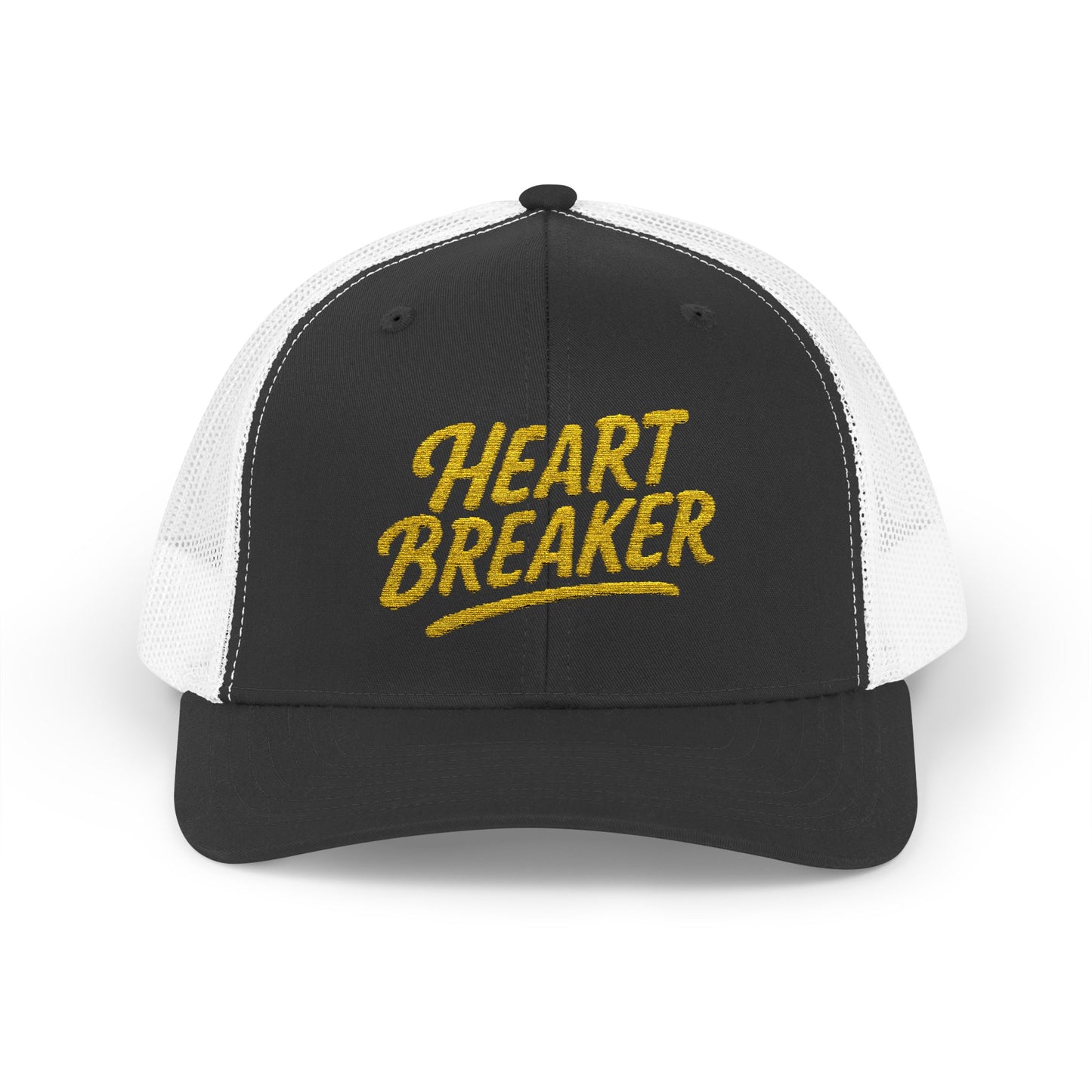 Heartbreaker Trucker Hat – Bold Baseball Hat with Retro Script and Broken Heart Design for Confident Rule-Breakers. Yellow Letters