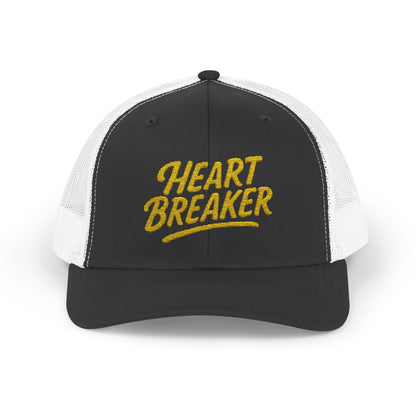 Heartbreaker Trucker Hat – Bold Baseball Hat with Retro Script and Broken Heart Design for Confident Rule-Breakers. Yellow Letters