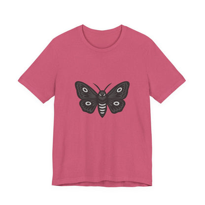 Moth Graphic T-Shirt – Dark Theme Grayscale Winged Insect Design on Black Tee with Gothic Mood and Subtle Modern Ghost Effect. Unisex Jersey Short Sleeve Tee