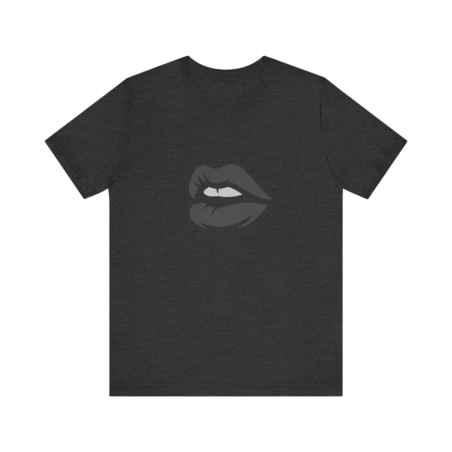 Dark Lips Graphic T-Shirt – Dark Theme Grayscale Biting Lip Design on Black Tee with Subtle Seduction and Modern Ghost Effect. Unisex Jersey Short Sleeve Tee