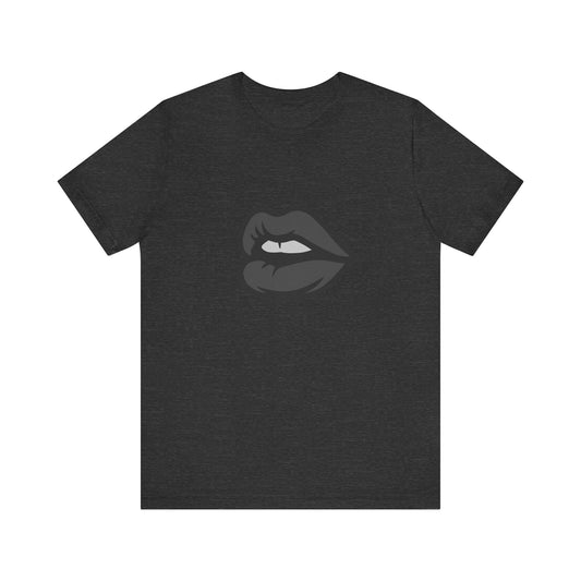 Dark Lips Graphic T-Shirt – Dark Theme Grayscale Biting Lip Design on Black Tee with Subtle Seduction and Modern Ghost Effect. Unisex Jersey Short Sleeve Tee