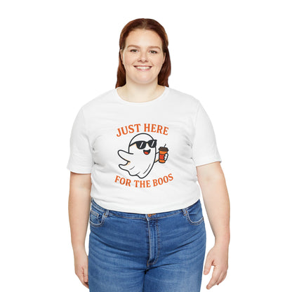 Just Here for the Boos Halloween Shirt – Funny Ghost Drinking Coffee Graphic Tee for Spooky Season