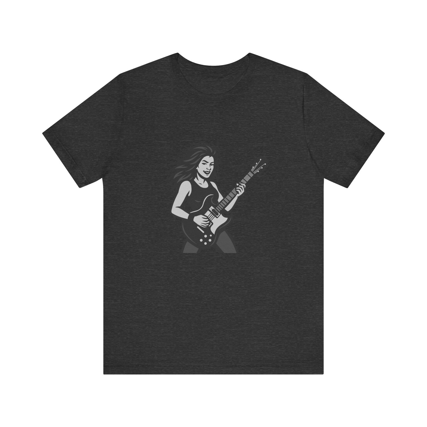 Rock Guitar Girl Graphic T-Shirt – Dark Theme Grayscale Electric Guitarist Design on Black Tee with Music Attitude and Modern Ghost Effect. Unisex Jersey Short Sleeve Tee