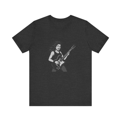Rock Guitar Girl Graphic T-Shirt – Dark Theme Grayscale Electric Guitarist Design on Black Tee with Music Attitude and Modern Ghost Effect. Unisex Jersey Short Sleeve Tee